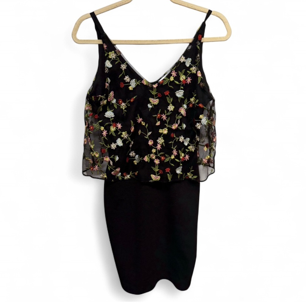 Belinda USA Black Mini Dress with Sheer Floral Embroidered Overlay - Size S - Picture 2 of 5